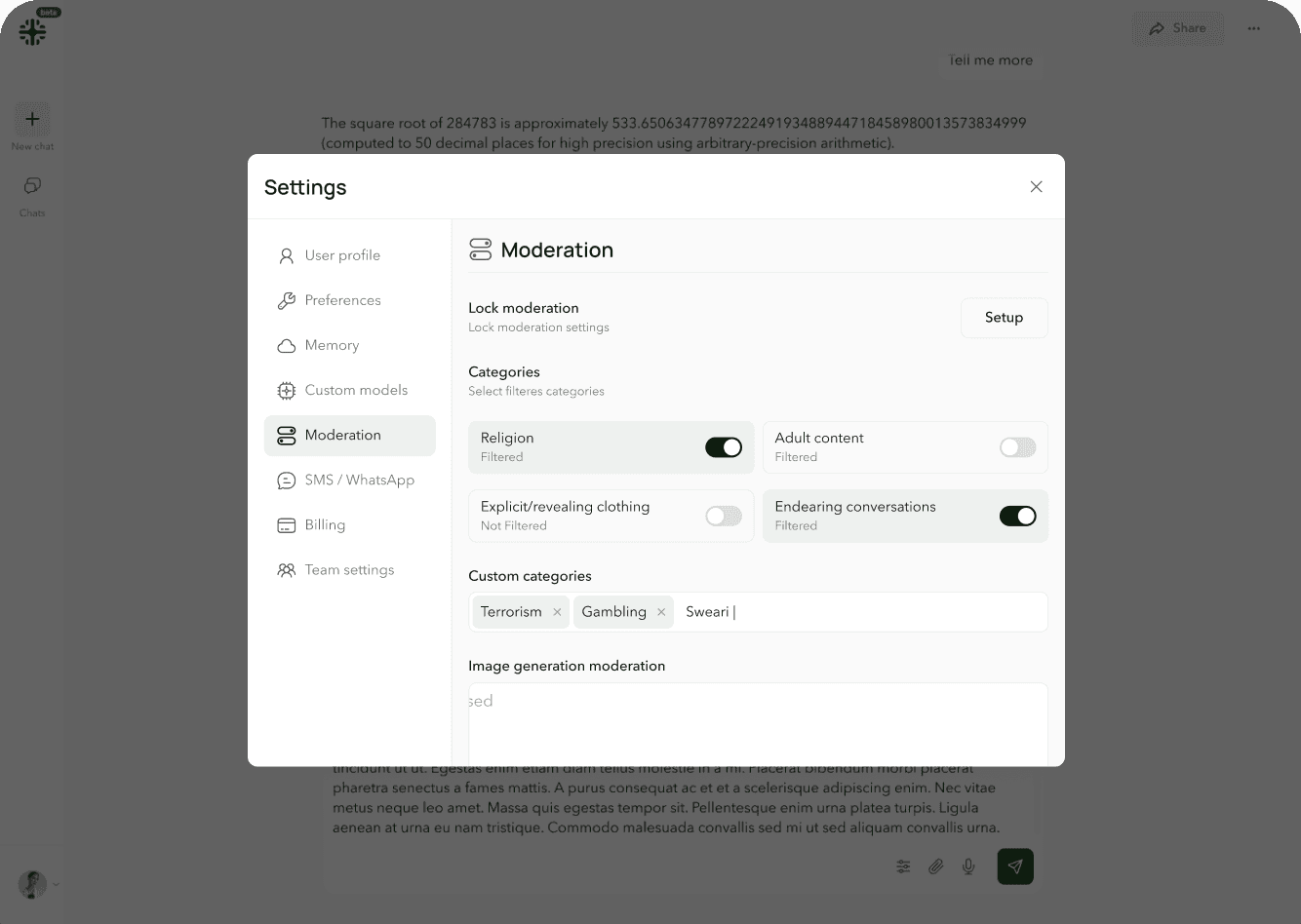Iluy content moderation settings panel