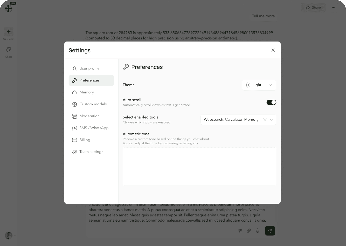 Iluy preferences settings for custom prompt profiles